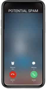 A smartphone with an incoming call displaying Potential Spam as the Caller ID.