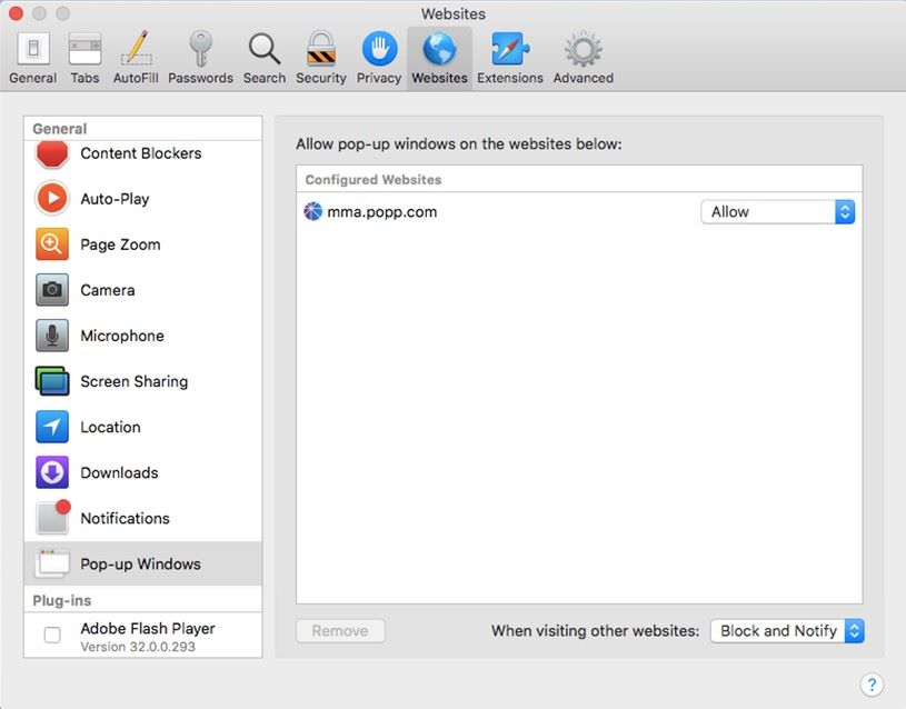 Pop-up windows selected in Safari