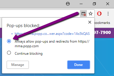 Arrow pointing to Always allow pop-ups in Safari