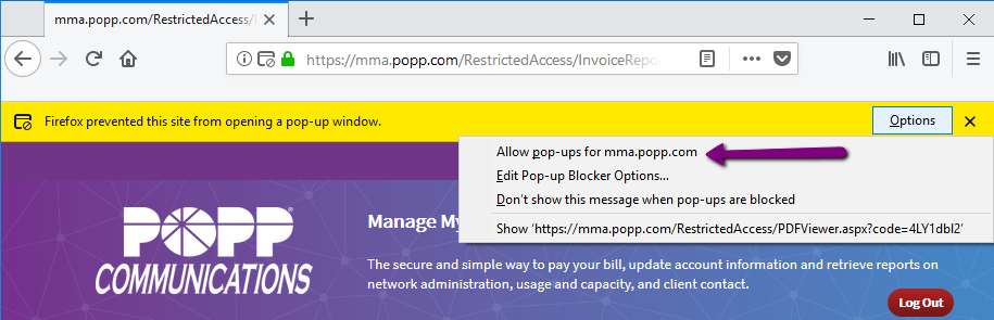 Arrow pointing to allow pop-ups for Firefox options