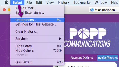 Arrow pointing to preferences in Safari window