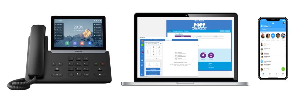 POPPs Work From Anywhere tools include IP desk phones from Yealink, plus reliable softphone apps for PC/Mac and iOS/Android.